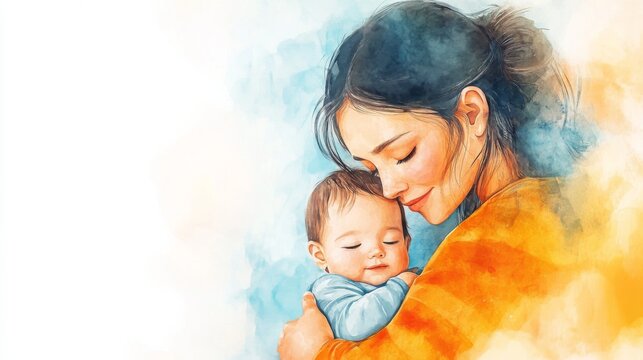 Tender mother holding baby loving embrace watercolor painting art illustration woman child infant girl family portrait motherly love gentle