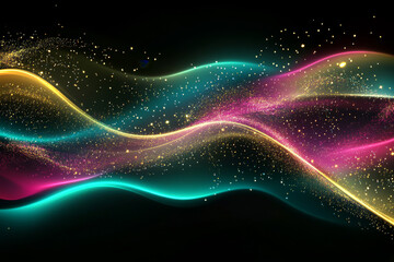 Obraz premium A glowing abstract background featuring cascading waves of magenta, teal, and gold moving dynamically.