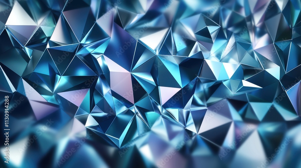 Poster abstract blue geometric pattern with sharp facets and reflections, creating a visually striking desi