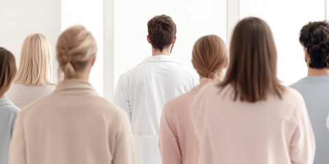 Obraz premium View from the back, Crowd of people in the interior of a modern clinic, concept of a queue to a professional doctor, medical appointment record, pandemic