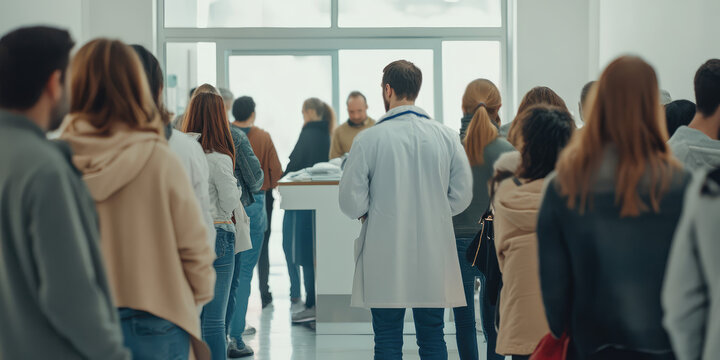 View from the back, Crowd of people in the interior of a modern clinic, concept of a queue to a professional doctor, medical appointment record, pandemic
