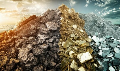 Coastal rock piles; diverse colors, textures.