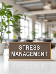 Office Desk with 'Stress Management' Sign Plants and Papers Symbolizing Workplace Stress Relief