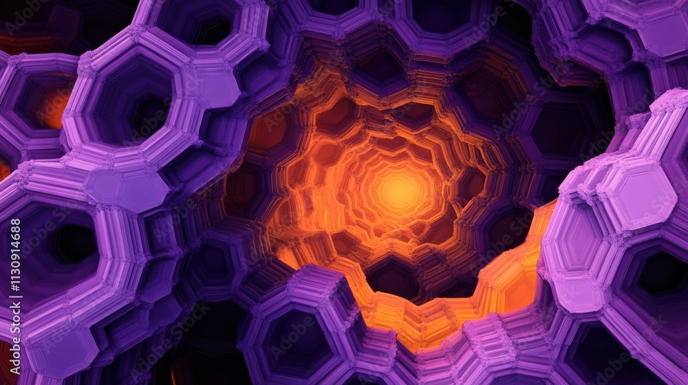 Poster abstract purple and orange structure resembling a honeycomb pattern, creating a sense of depth and m