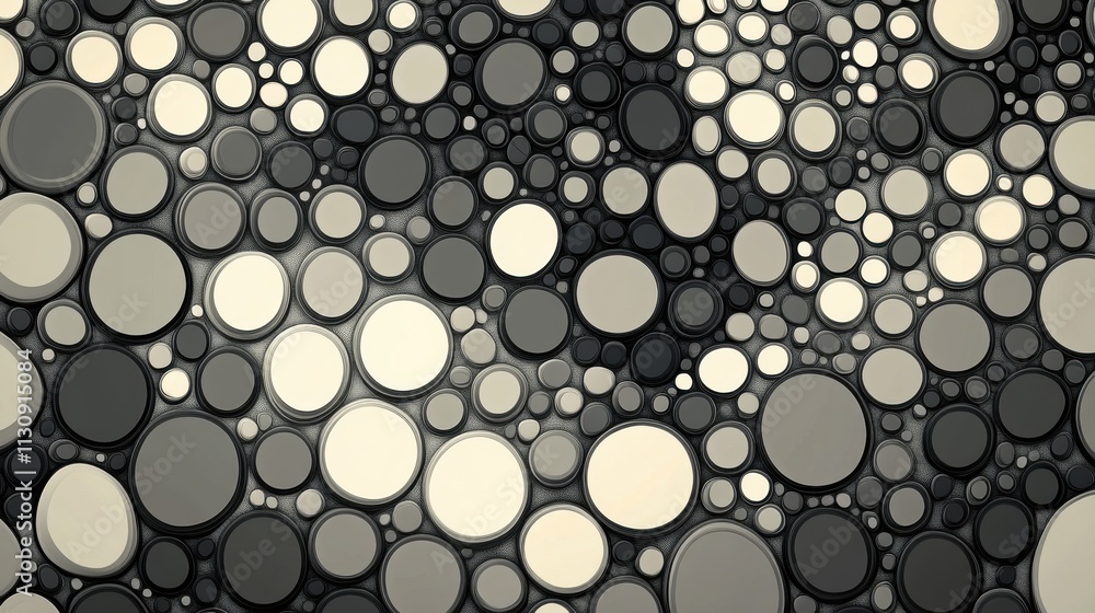 Poster an abstract pattern of circles in shades of gray and cream, creating a modern and sophisticated desi