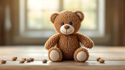 Teddy Bear with Pills on Wooden Table Symbolizing Children's Medication