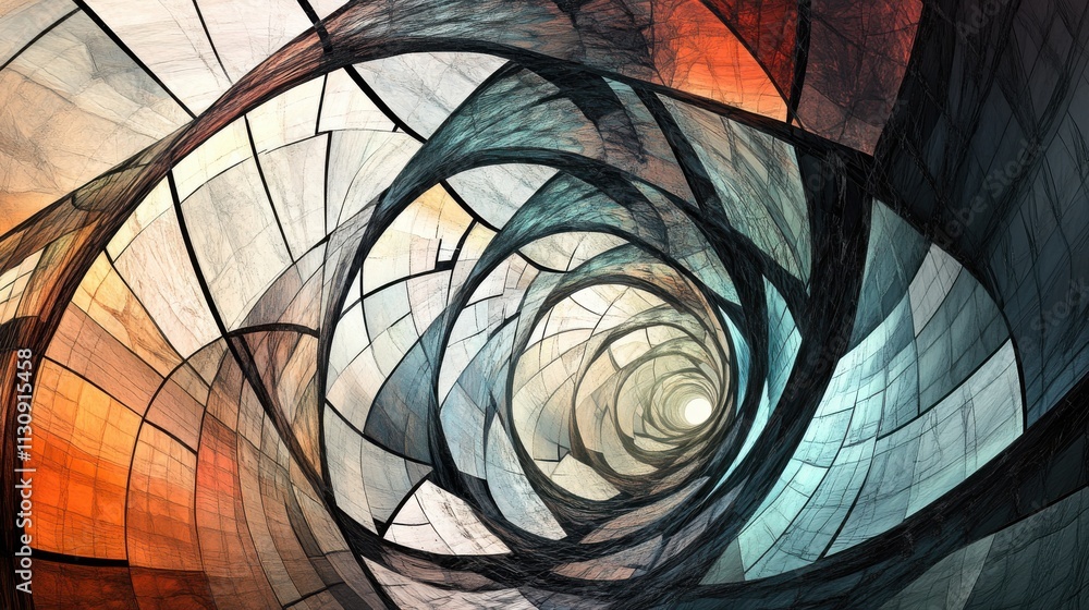 Poster an abstract spiral pattern featuring intricate lines and a blend of warm and cool colors, creating a