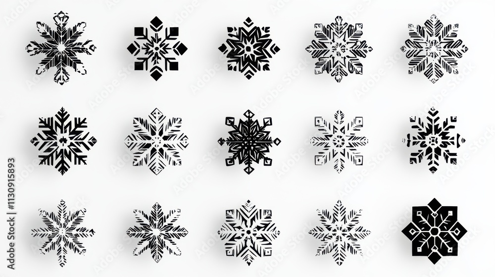 Poster a diverse collection of intricate black and white snowflake designs showcasing unique patterns and s