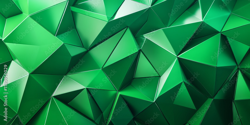 Poster bold emerald green background with a 3d triangular block structure. the high-tech wall texture, feat