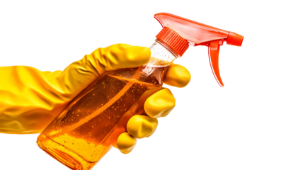 Hand holding a spray bottle with orange liquid.