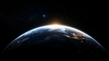 Naklejka premium Planet Earth, sunrise, stars, space, darkness.