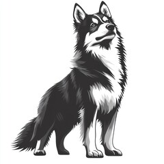 Monochrome illustration of a majestic husky-like dog standing tall, showcasing its fur and posture.