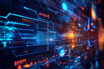 Obraz premium A high-tech digital background featuring hexagonal grids, pulsating blue lights, and a futuristic virtual network theme.