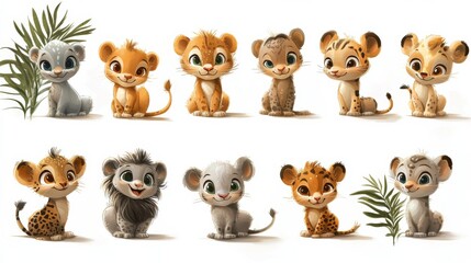 Fototapeta premium Adorable cartoon animals happy playful illustration set kids Africa animals fox wolf monkey bear lion cheetah cute cartoon character design