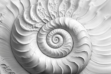 Obraz premium White spiral shell, textured, grayscale, detailed.