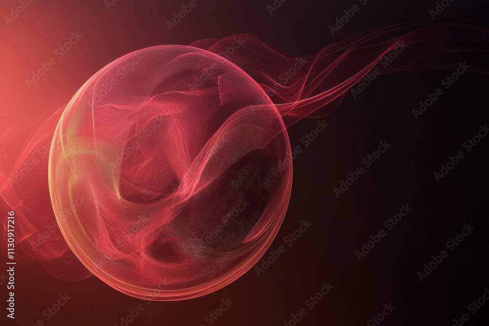 Poster a mesmerizing abstract sphere with flowing red waves, minimalistic design against a dark gradient ba