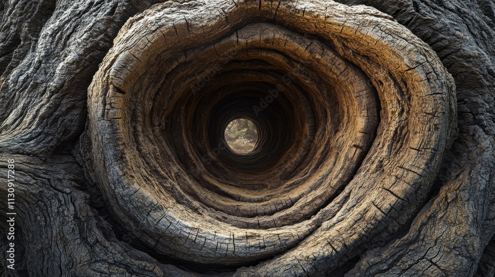 Poster a mesmerizing close-up of a tree trunk showcasing intricate circular patterns and textures, inviting
