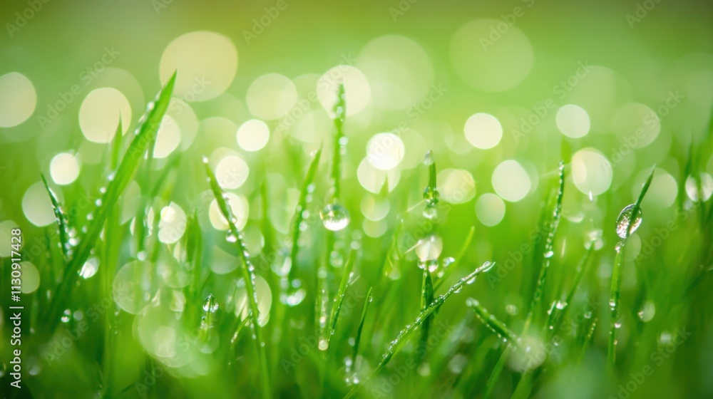 Poster close-up of dew-covered grass blades with soft bokeh background creating a refreshing and serene nat