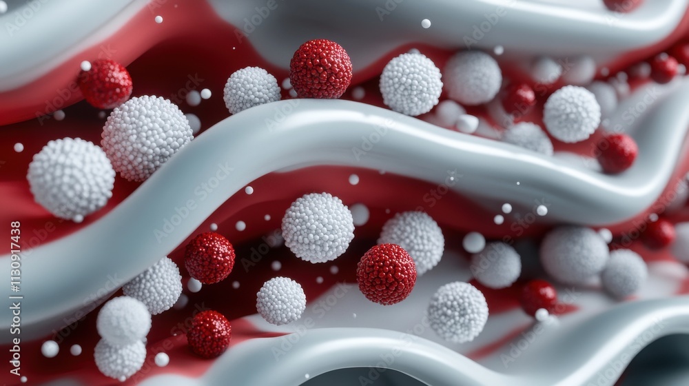 Poster abstract representation of cells moving through flowing red and white curves, creating a dynamic and