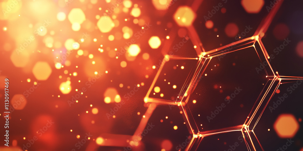 Poster abstract background with a geometric hexagon pattern. glowing lights in shades of red and gold run b