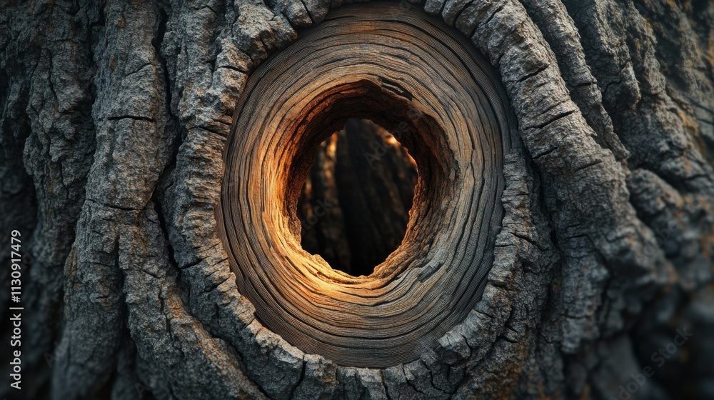 Poster close-up of a tree trunk showing a hollow with warm light filtering through, creating a serene and i