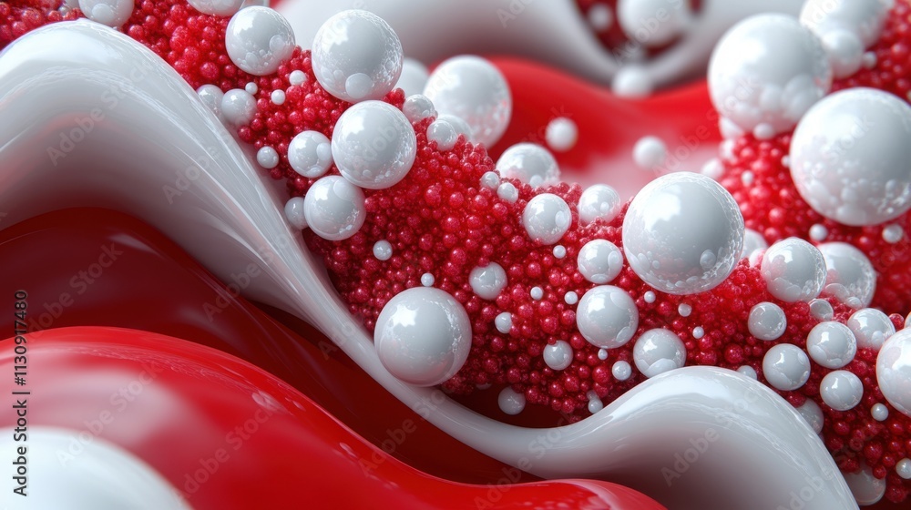 Poster Abstract composition of red and white spheres creating a dynamic wave pattern.