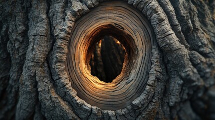 Close-up of a tree trunk showing a hollow with warm light filtering through, creating a serene and inviting atmosphere.