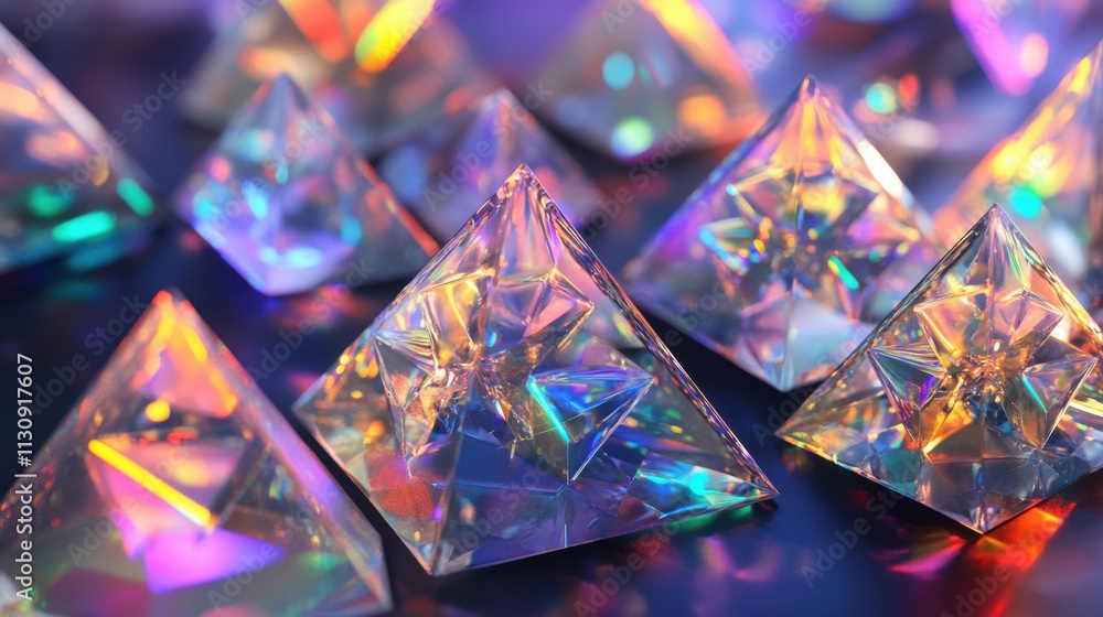 Poster colorful crystal pyramids reflecting light, creating a mesmerizing display of rainbow hues.