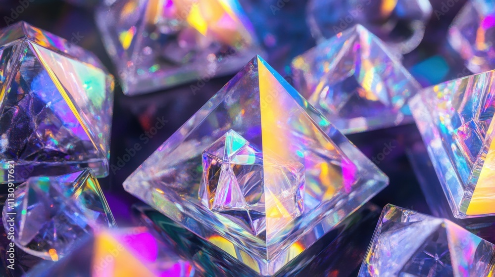 Poster close-up of multi-faceted, colorful crystal pyramids reflecting light and creating stunning patterns