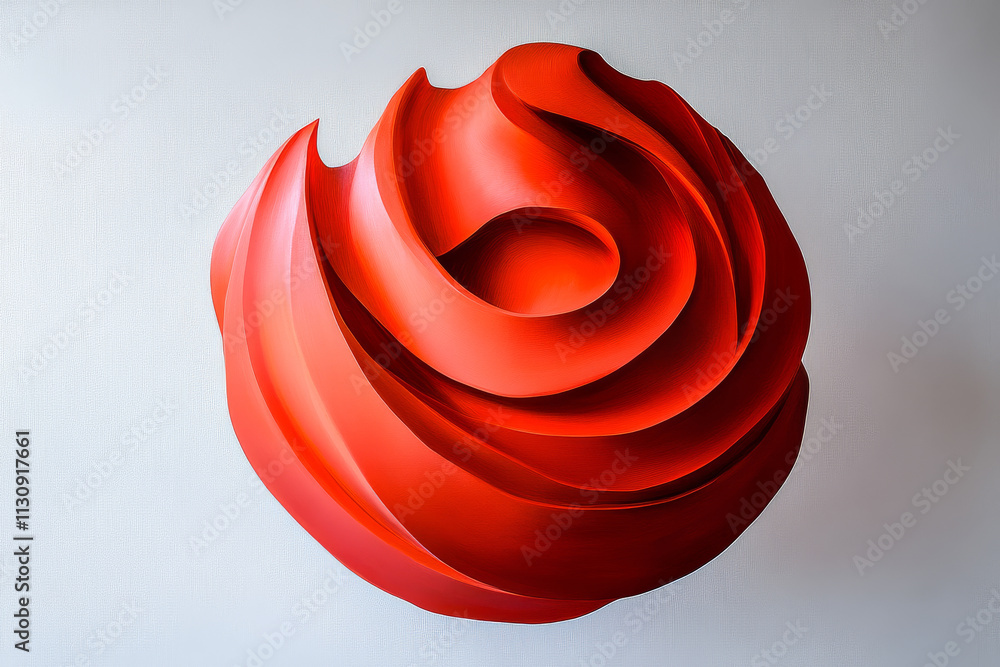 Poster a dynamic abstract sphere with scarlet waves, minimalistic and fierce against a light grey canvas.