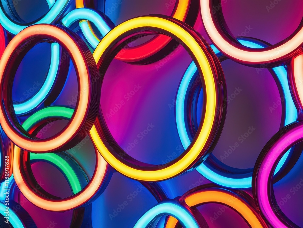 Poster interlocking neon circles exploring motion and light in a futuristic digital realm
