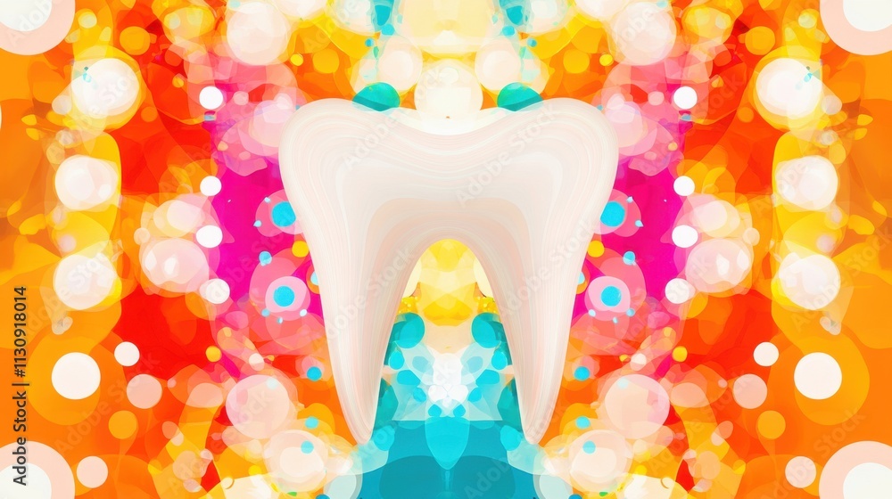 Poster an abstract representation of a tooth surrounded by vibrant colors, creating a whimsical and playful
