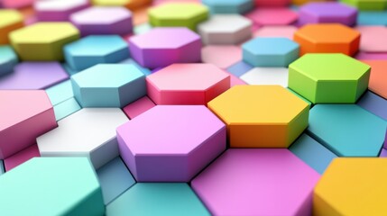 Obraz premium Colorful hexagonal shapes in a vibrant arrangement, creating a playful and modern abstract design.