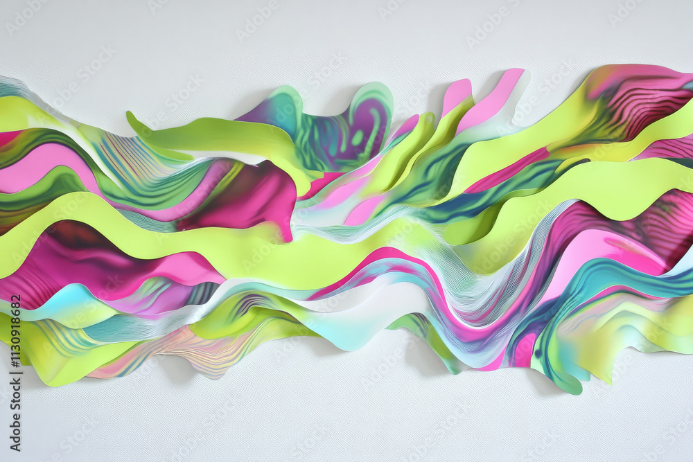 Poster multi-colored wave patterns in vibrant tones of lime green, fuchsia, and cyan, flowing dynamically o