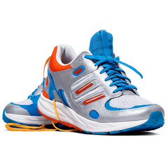 Stylish Silver Blue and Orange Sneakers: A Close-Up View. Transparent Background.