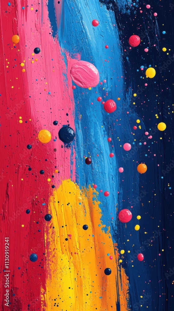 Poster abstract colorful painting with vibrant splashes and spherical shapes.