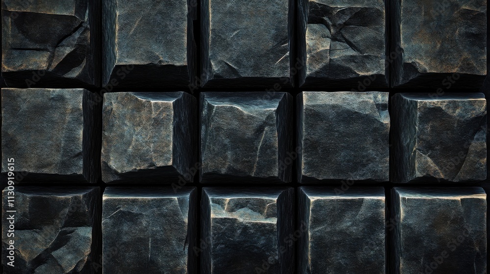 Poster Textured dark stone blocks arranged in a grid, creating an intriguing visual pattern.