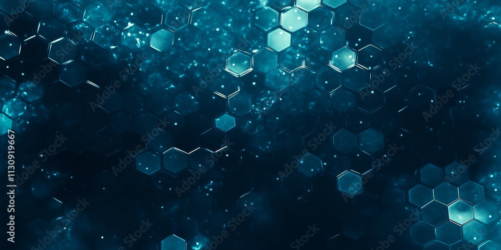 Aufkleber dark abstract background with hexagonal tiles in deep indigo. glowing lights in shades of turquoise 