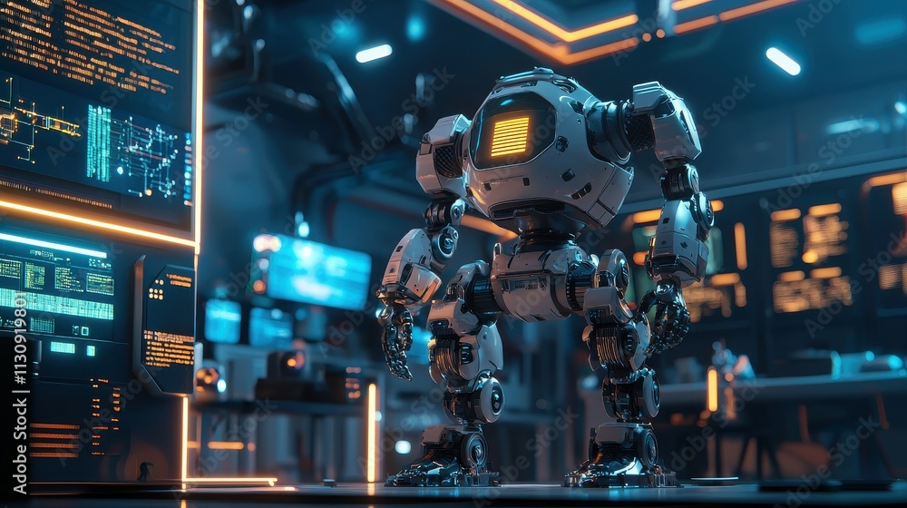 Poster innovative robotics engineer constructs next-gen robot in futuristic lab environment