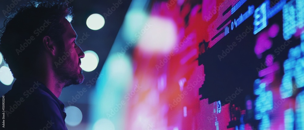 Poster dynamic financial district stock market display interactive data with ambient lighting
