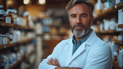 Obraz premium A portrait of a mature male pharmacist in a store represents healthcare, medicine, and medical service