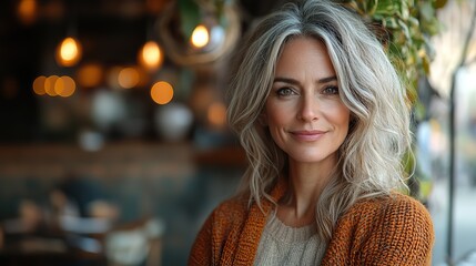 Obraz premium A portrait of a mature woman with a laptop, looking and smiling, representing an entrepreneur or freelancer working online in a business setting, possibly a restaurant or cafe