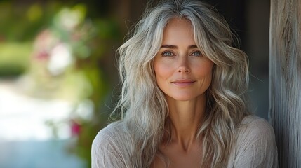 Naklejka premium A portrait of a mature woman with healthy, wavy grey hair