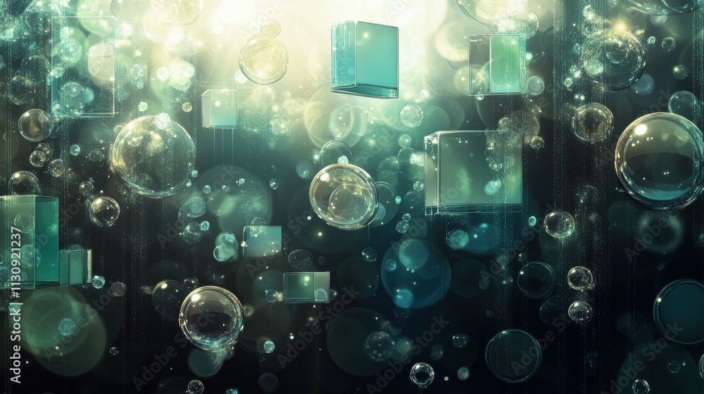 Poster an abstract underwater scene featuring floating bubbles and geometric shapes in a dreamy, ethereal a