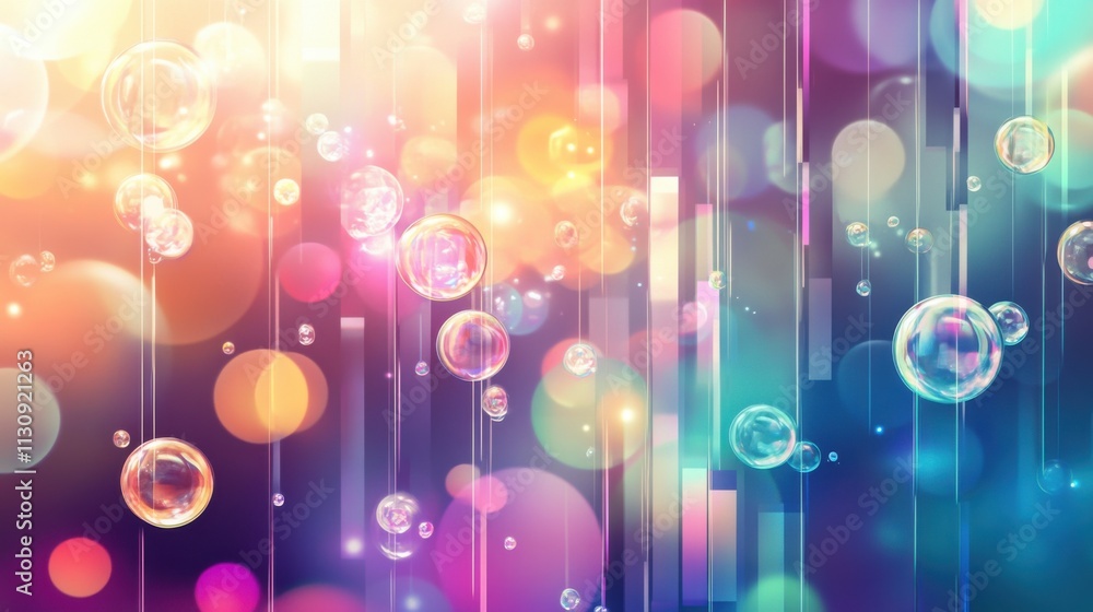 Poster colorful abstract background with floating bubbles and shimmering lights, creating a dreamy atmosphe