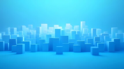 Abstract blue city skyline, geometric blocks.