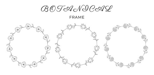 Obraz premium Minimalistic herbal botanical set of border. Collection of trendy hand drawn flowers. Frame for design. Single line art. clip art. Silhouette. Elements. Cut out. Speech bubbles. png. Circles