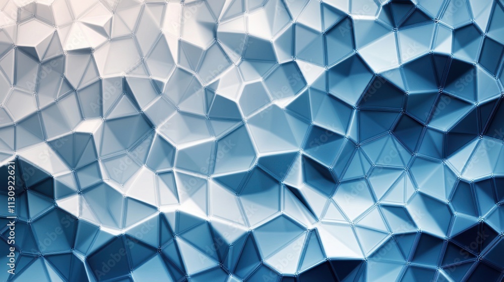 Poster a mesmerizing abstract pattern in shades of blue, showcasing geometric triangular facets creating de