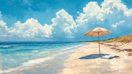 Tranquil beach scene with an umbrella, towel, and a book resting on the sand, evoking a calm, vacation-ready vibe.