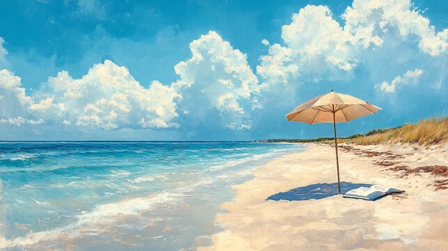Tranquil beach scene with an umbrella, towel, and a book resting on the sand, evoking a calm, vacation-ready vibe.